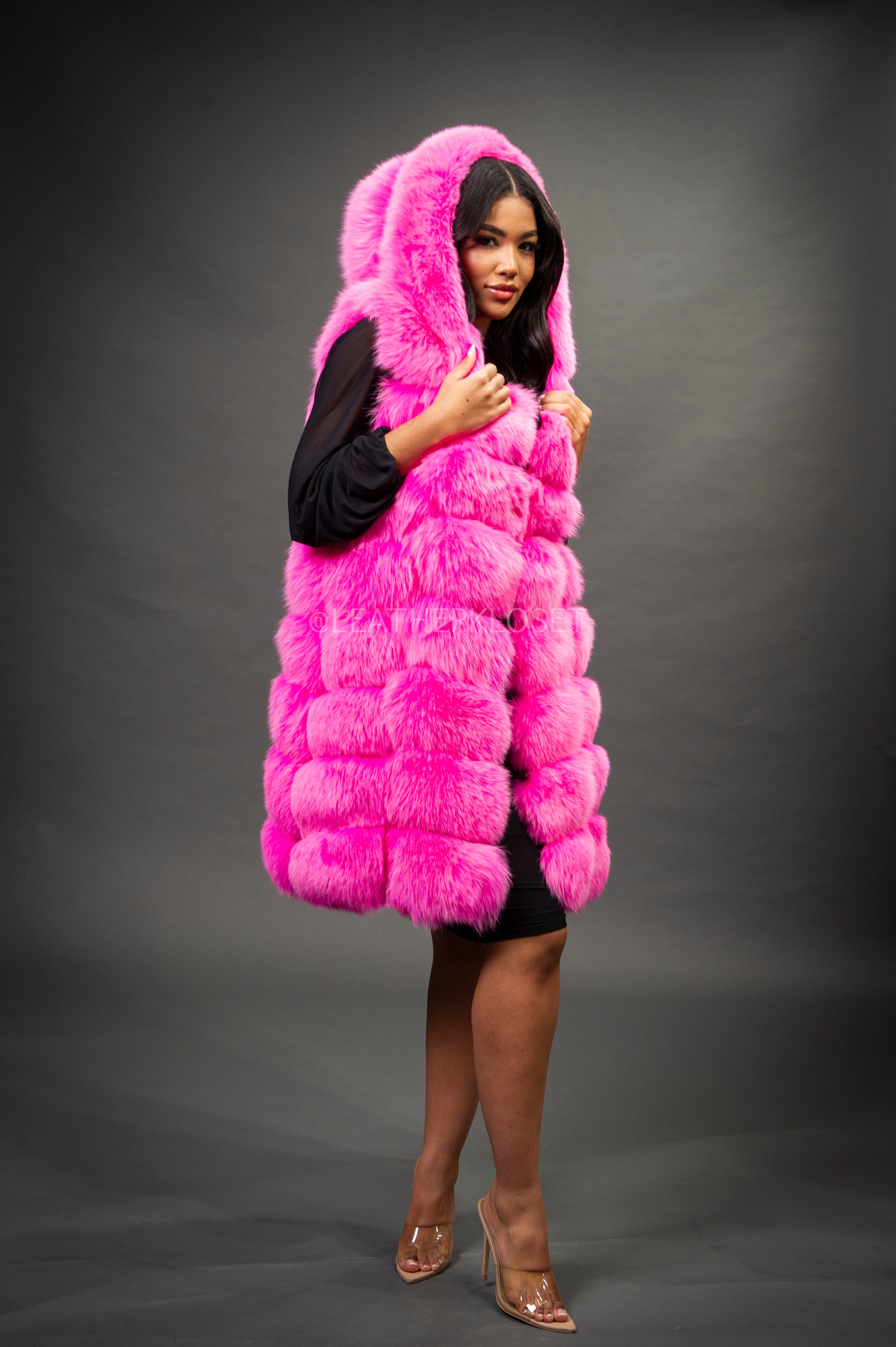 Women's Mia Fox Fur Vest With Hood [Pink] – LeatherKloset