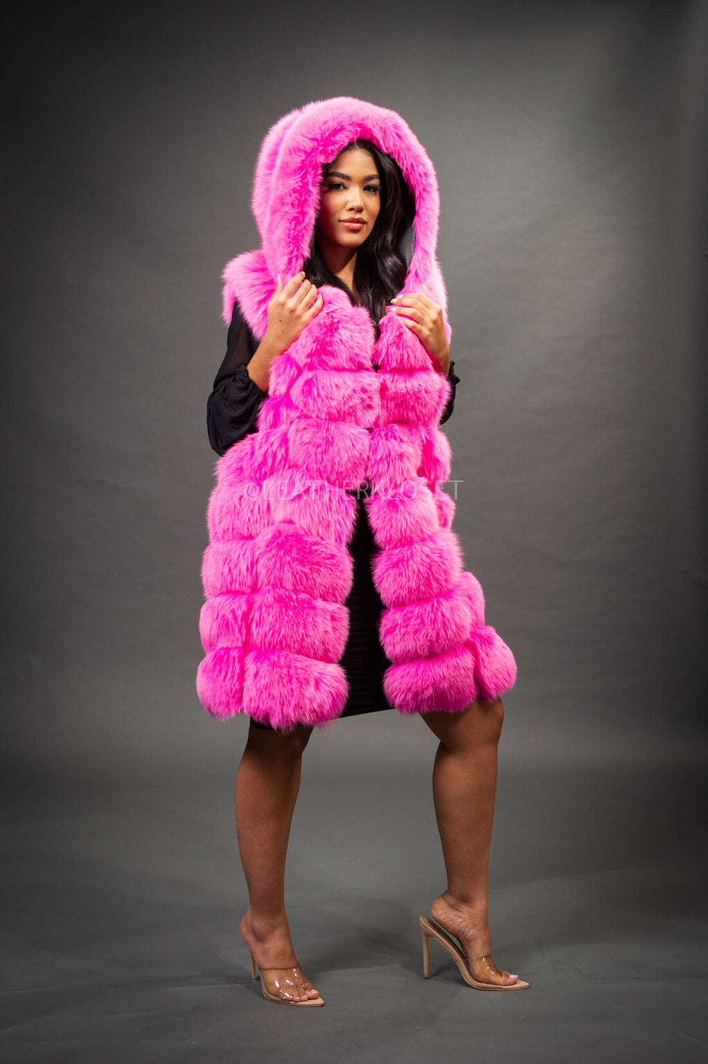 Women's Mia Fox Fur Vest With Hood [Pink]