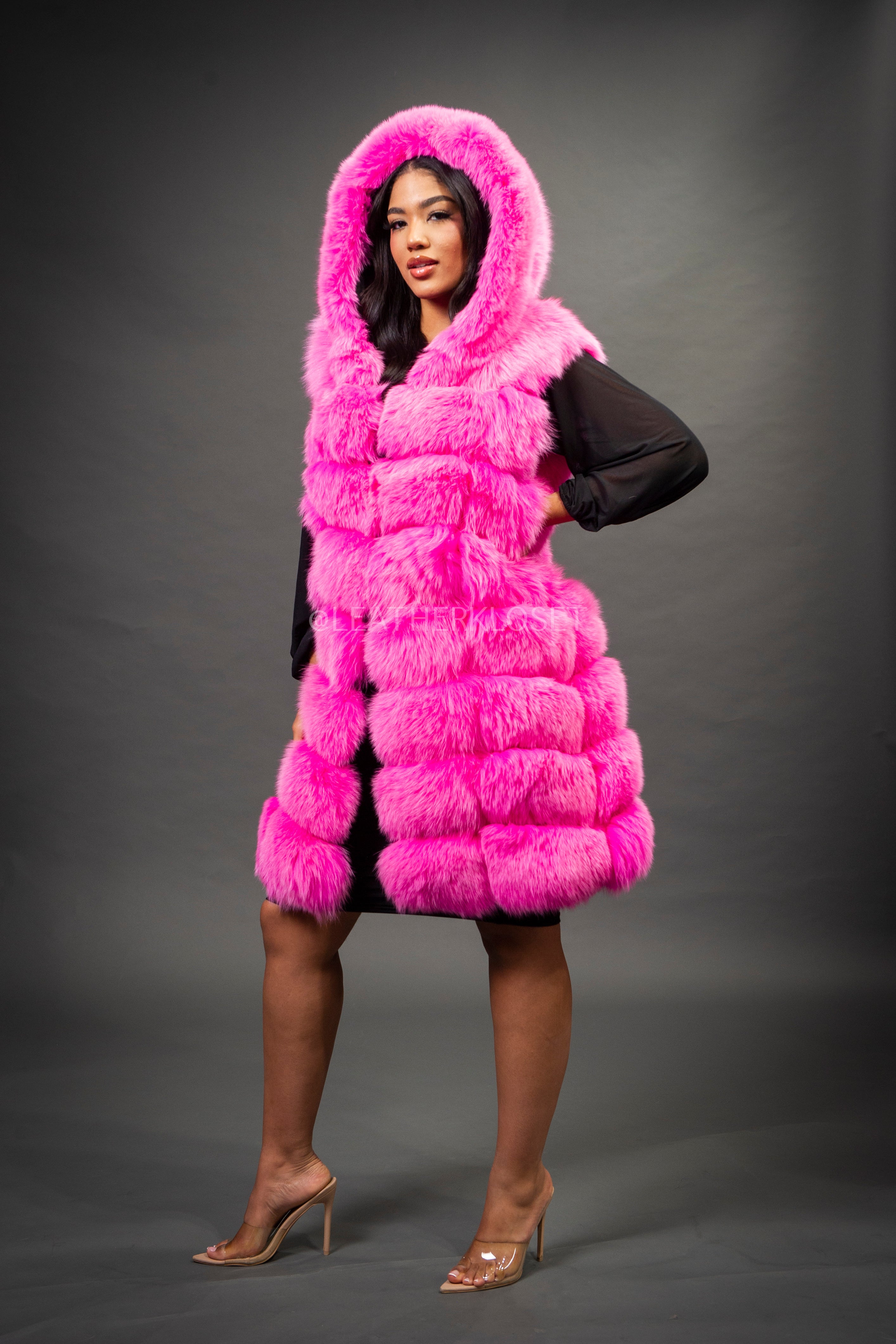 Women's Mia Fox Fur Vest With Hood [Pink] – LeatherKloset