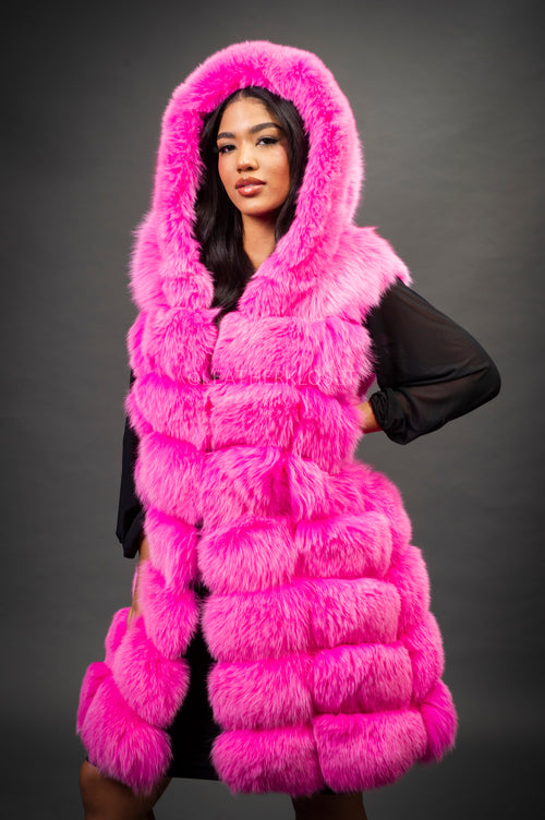 Women's Mia Fox Fur Vest With Hood [Pink]