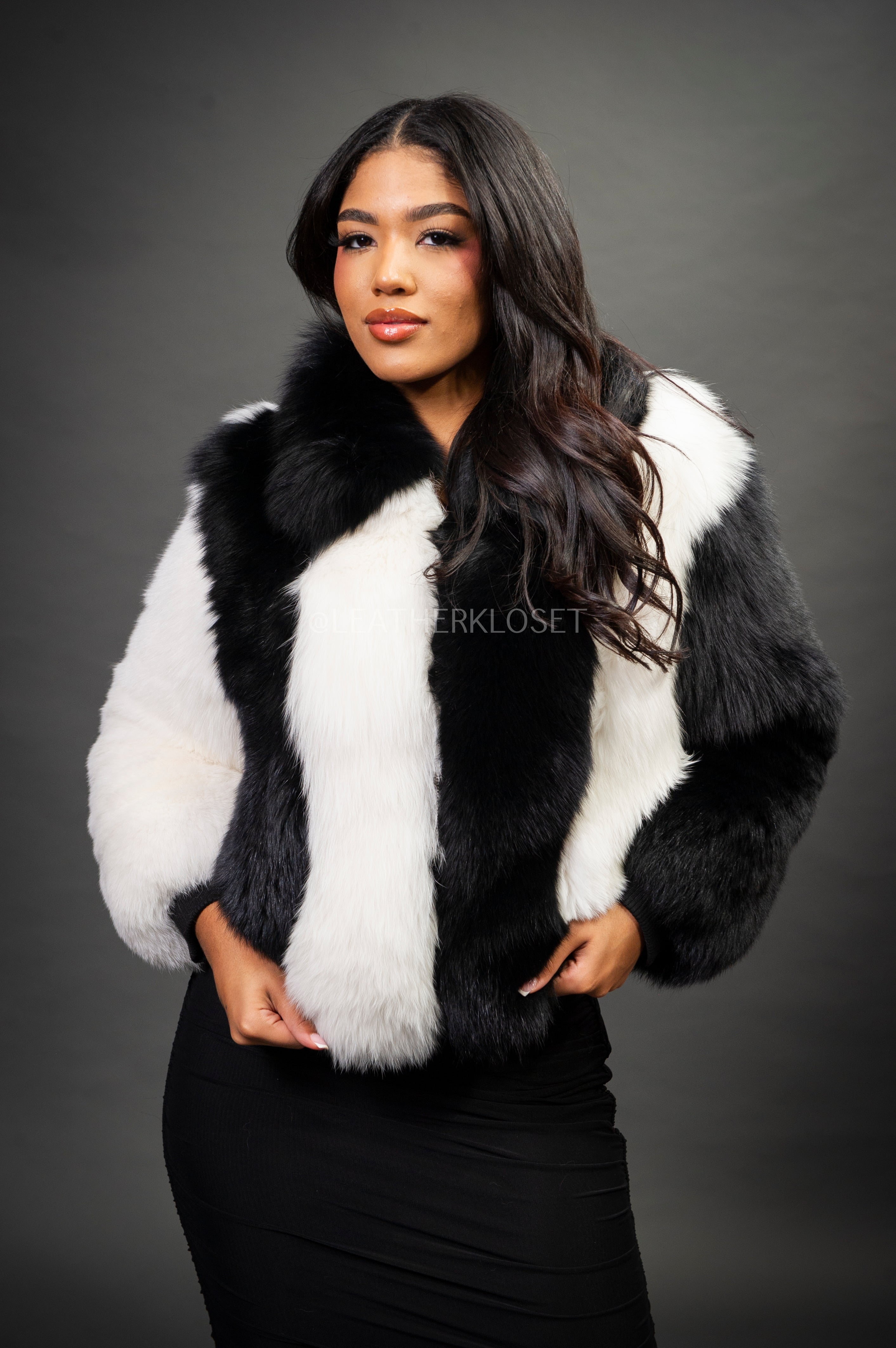 Women's Panda Fox Fur Bomber [Black/White] – LeatherKloset