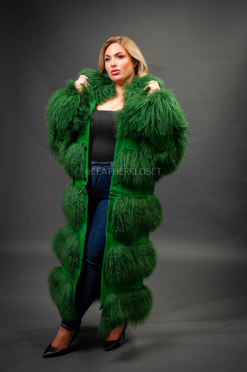 Women's Suede And Mongolian Lamb Fur Convertible Coat [Green]