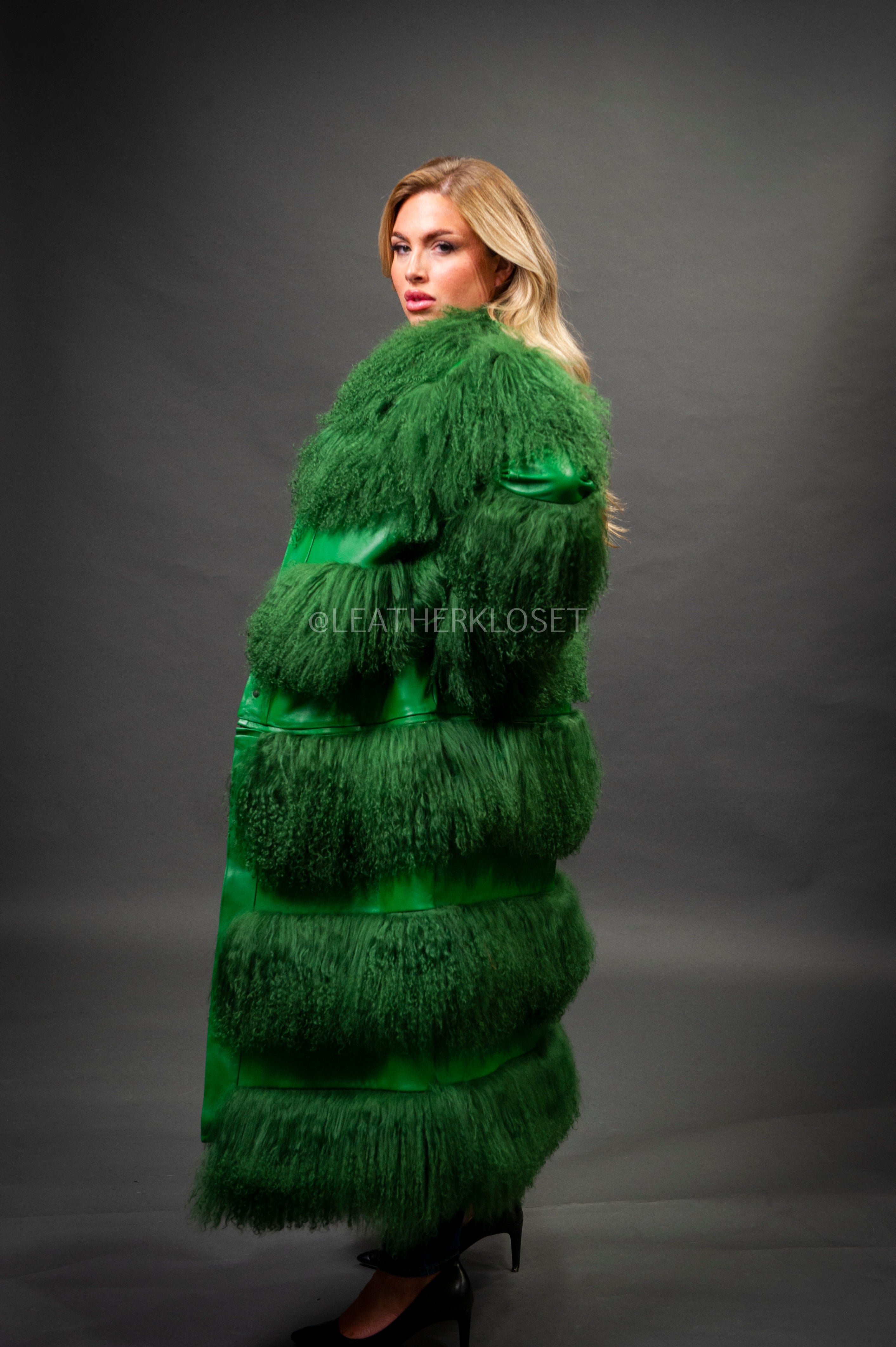 Women's Suede And Mongolian Lamb Fur Convertible Coat [Green
