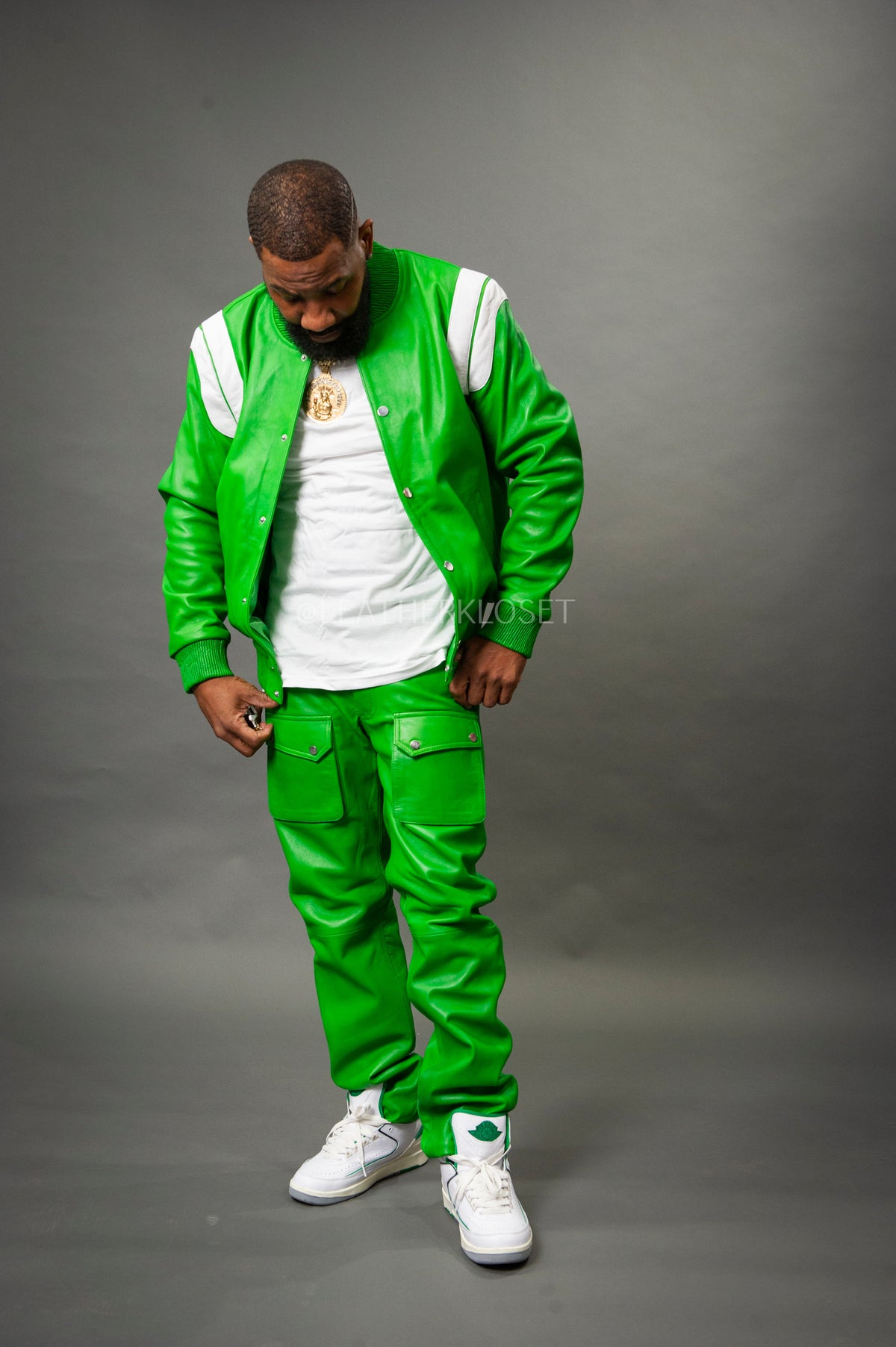 Men's Liam Varsity Jacket & Leather Cargo Pants [Green]