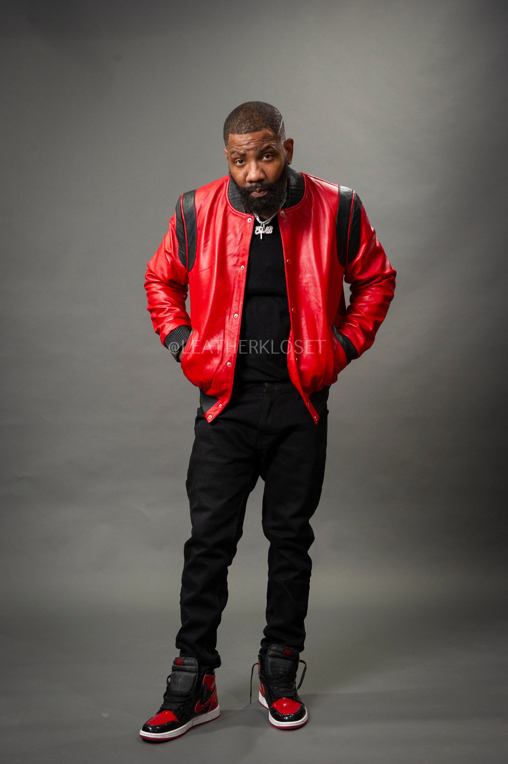 Men's Liam All-Leather Varsity Jacket [Red/Black]
