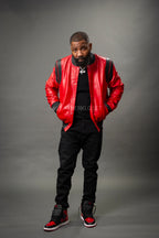 Men's Liam All-Leather Varsity Jacket [Red/Black]