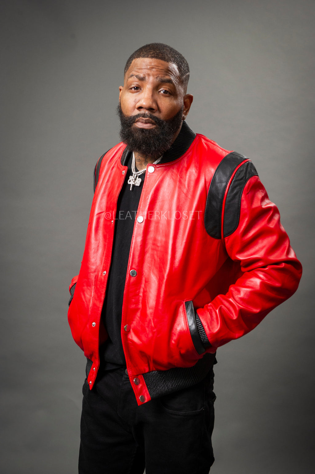 Men's Liam All-Leather Varsity Jacket [Red/Black]