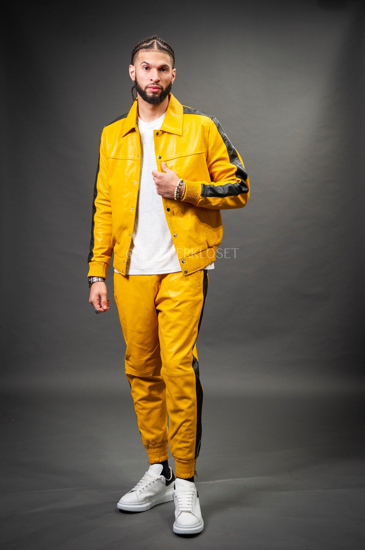 Men's Leather Track Suit Sweatsuit [Yellow/Black]