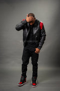 Men's Liam All-Leather Varsity Jacket [Black/Red]