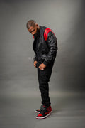 Men's Liam All-Leather Varsity Jacket [Black/Red]