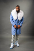 Men's Cashmere Trench Coat Baby Blue With Fox Collar [White Fox]