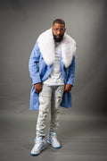Men's Cashmere Trench Coat Baby Blue With Fox Collar [White Fox]