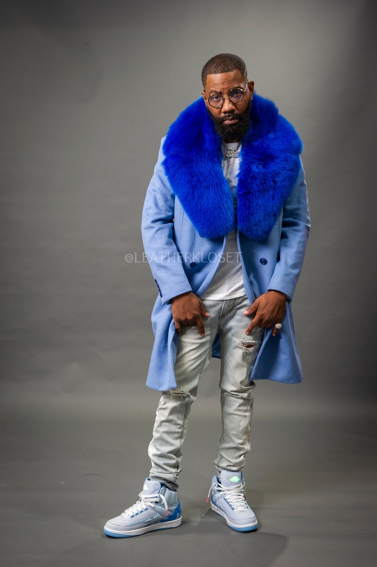 Men's Cashmere Trench Coat Baby Blue With Fox Collar [Royal Fox]