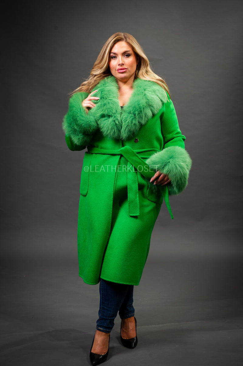 Women's Cashmere Trench Coat With Fox Trimming [Green]