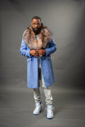Men's Cashmere Trench Coat Baby Blue With Fox Collar [Crystal Fox]