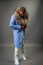 Men's Cashmere Trench Coat Baby Blue With Fox Collar [Crystal Fox]