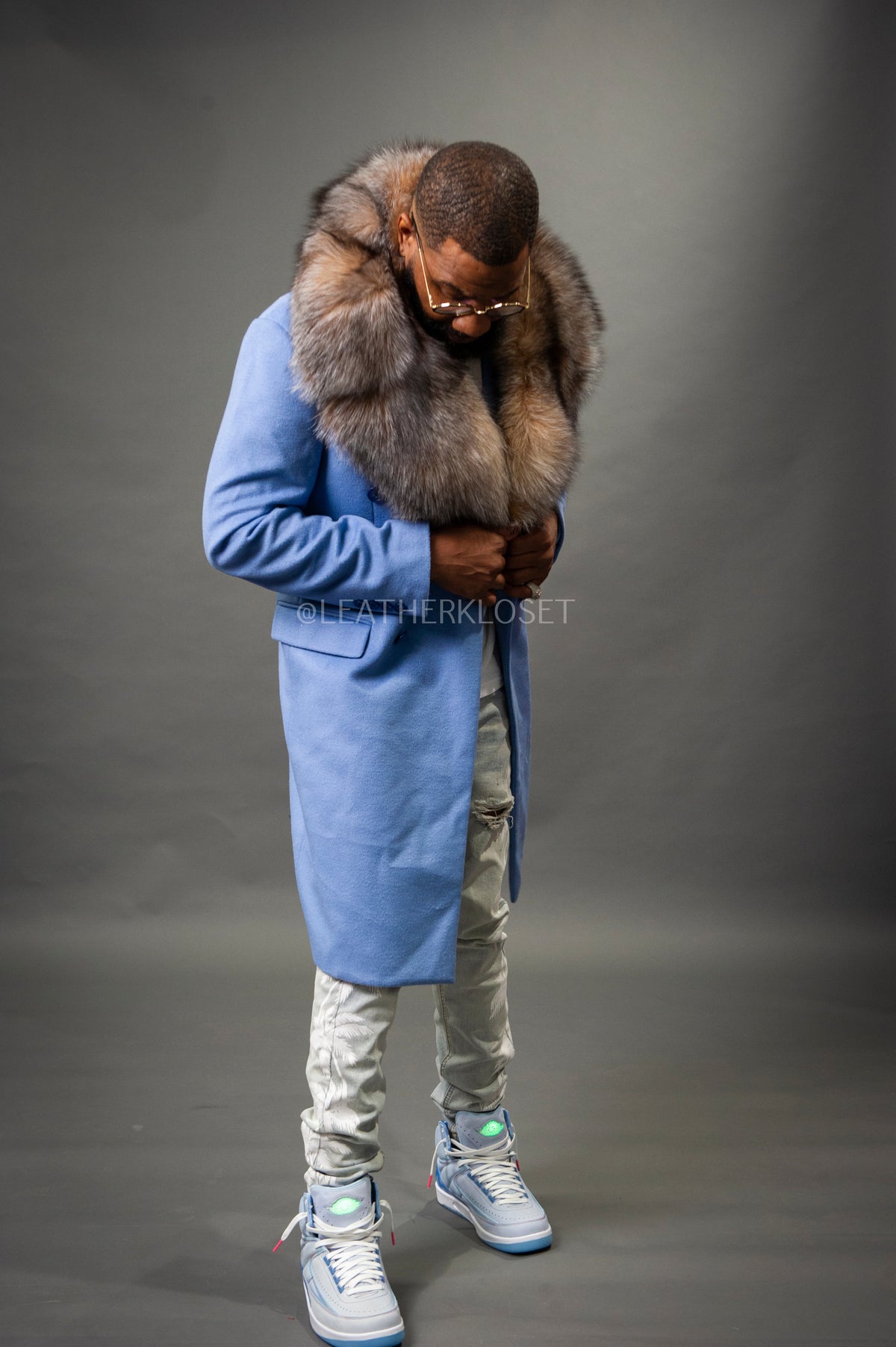 Men's Cashmere Trench Coat Baby Blue With Fox Collar [Crystal Fox]