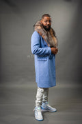 Men's Cashmere Trench Coat Baby Blue With Fox Collar [Crystal Fox]