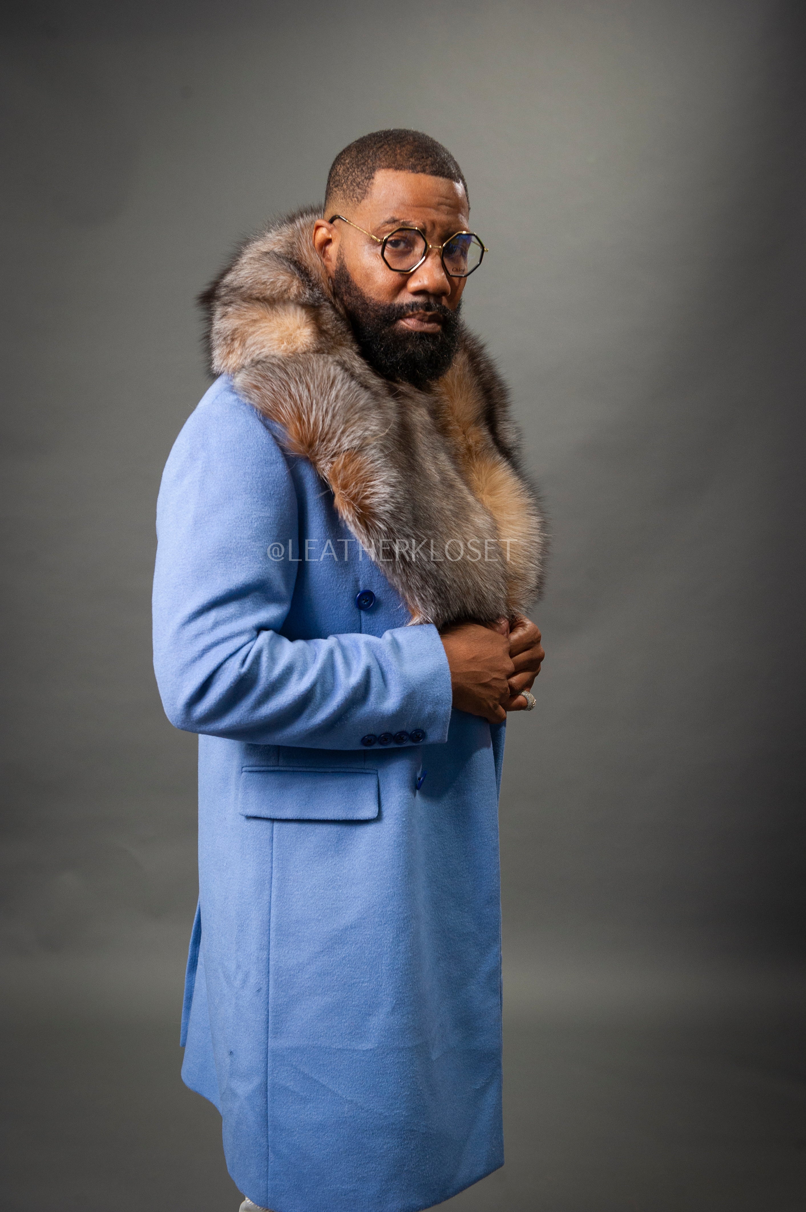 Men's Cashmere Trench Coat Baby Blue With Fox Collar [Crystal Fox