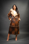 Women's Trinity Full Length Real Sheepskin Trench Coat [Distressed Brown]