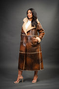 Women's Trinity Full Length Real Sheepskin Trench Coat [Distressed Brown]