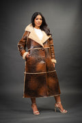 Women's Trinity Full Length Real Sheepskin Trench Coat [Distressed Brown]