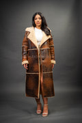 Women's Trinity Full Length Real Sheepskin Trench Coat [Distressed Brown]