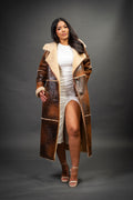 Women's Trinity Full Length Real Sheepskin Trench Coat [Distressed Brown]