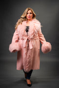 Women's Cashmere Trench Coat With Mongolian Fur Trimming [Pink]