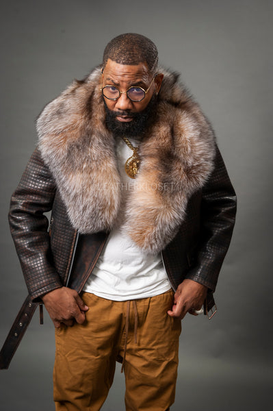 Men's Box Biker Brown Copper Leather Full Fox Fur Collar [Slim-Fit