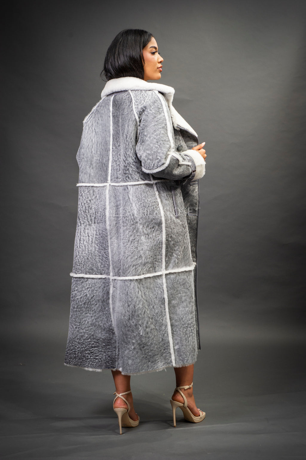 Women's Trinity Full Length Real Sheepskin Trench Coat [Distressed Grey]