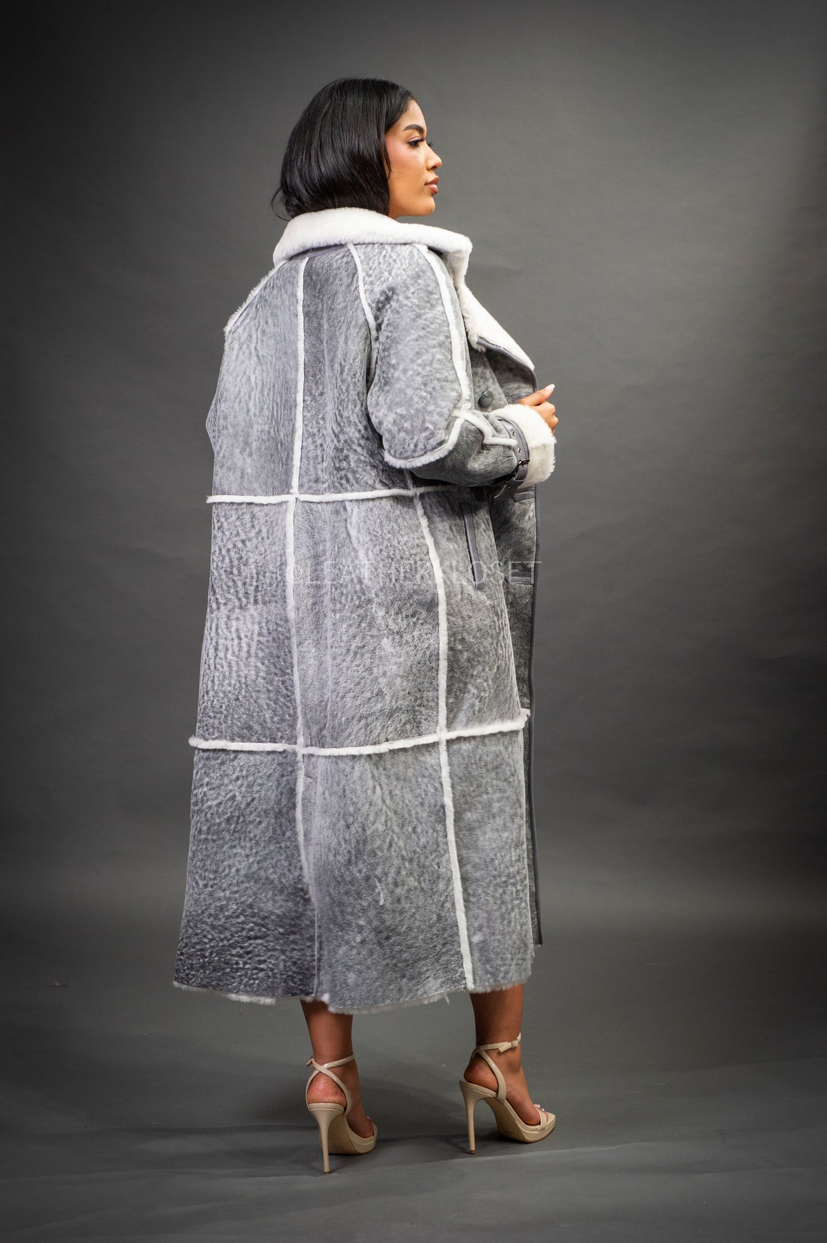 Women's Trinity Full Length Real Sheepskin Trench Coat [Distressed Grey]