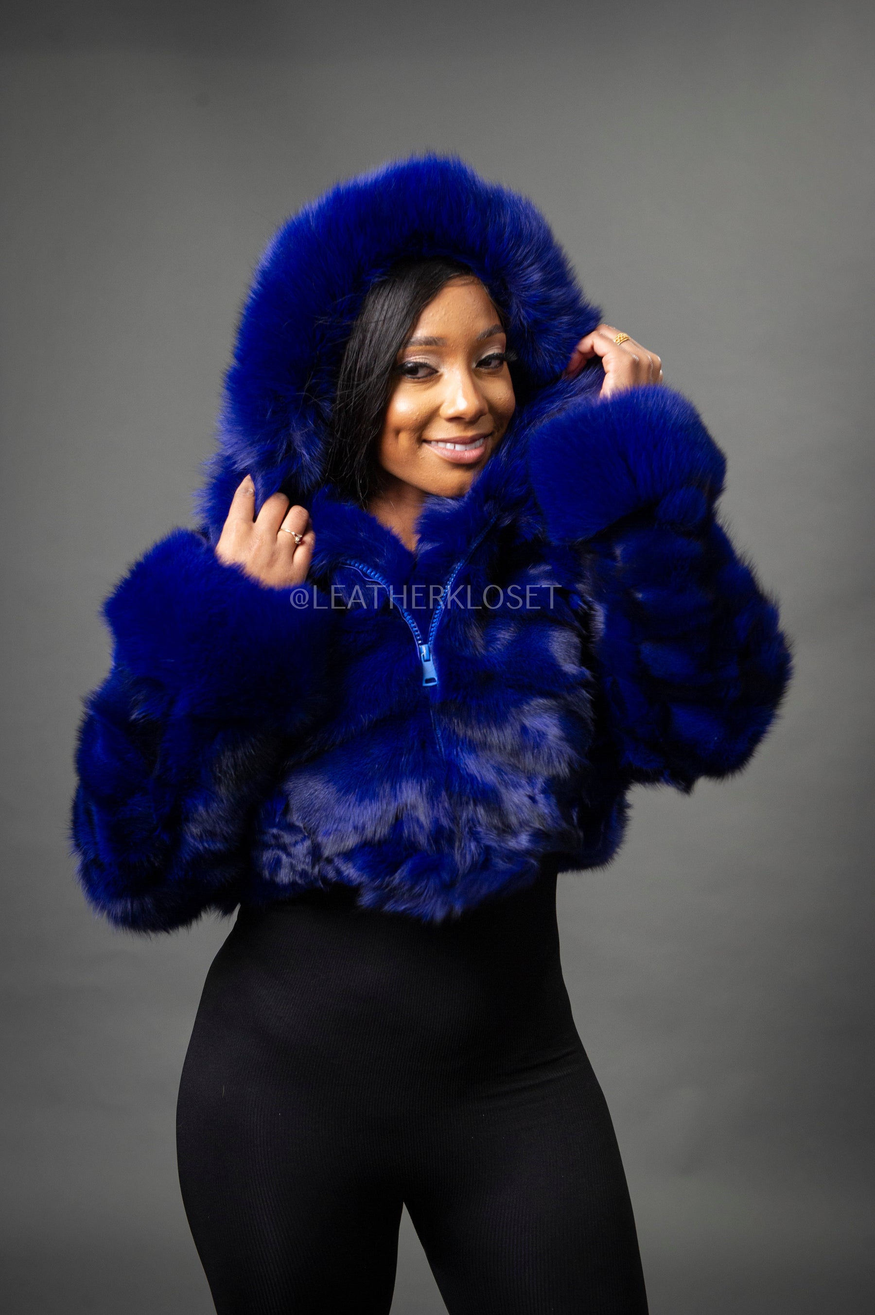 Hood Blue Fur Jacket Womens Women's Crop Fox Bomber With Hood