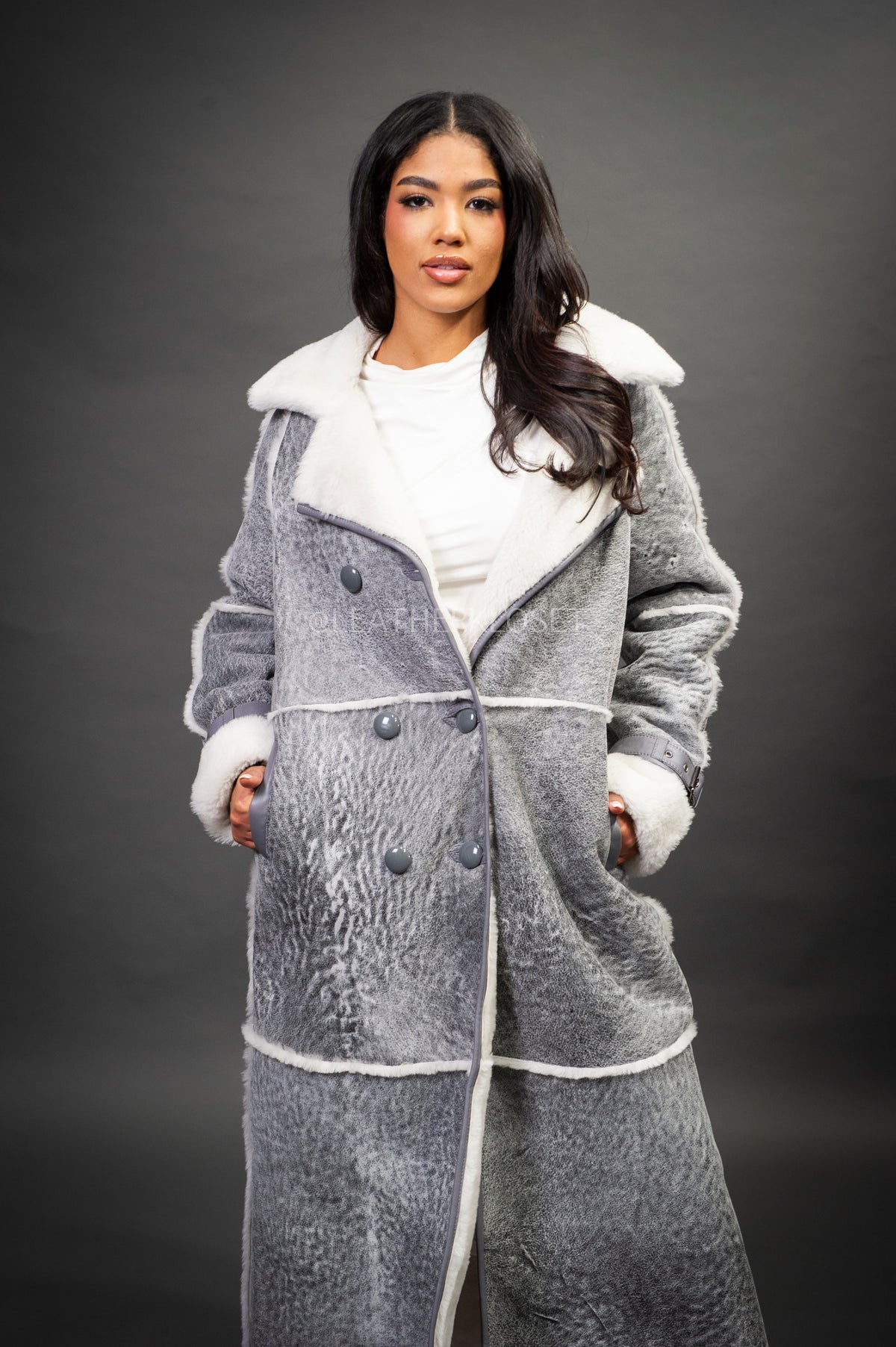 Women's Trinity Full Length Real Sheepskin Trench Coat [Distressed Grey]