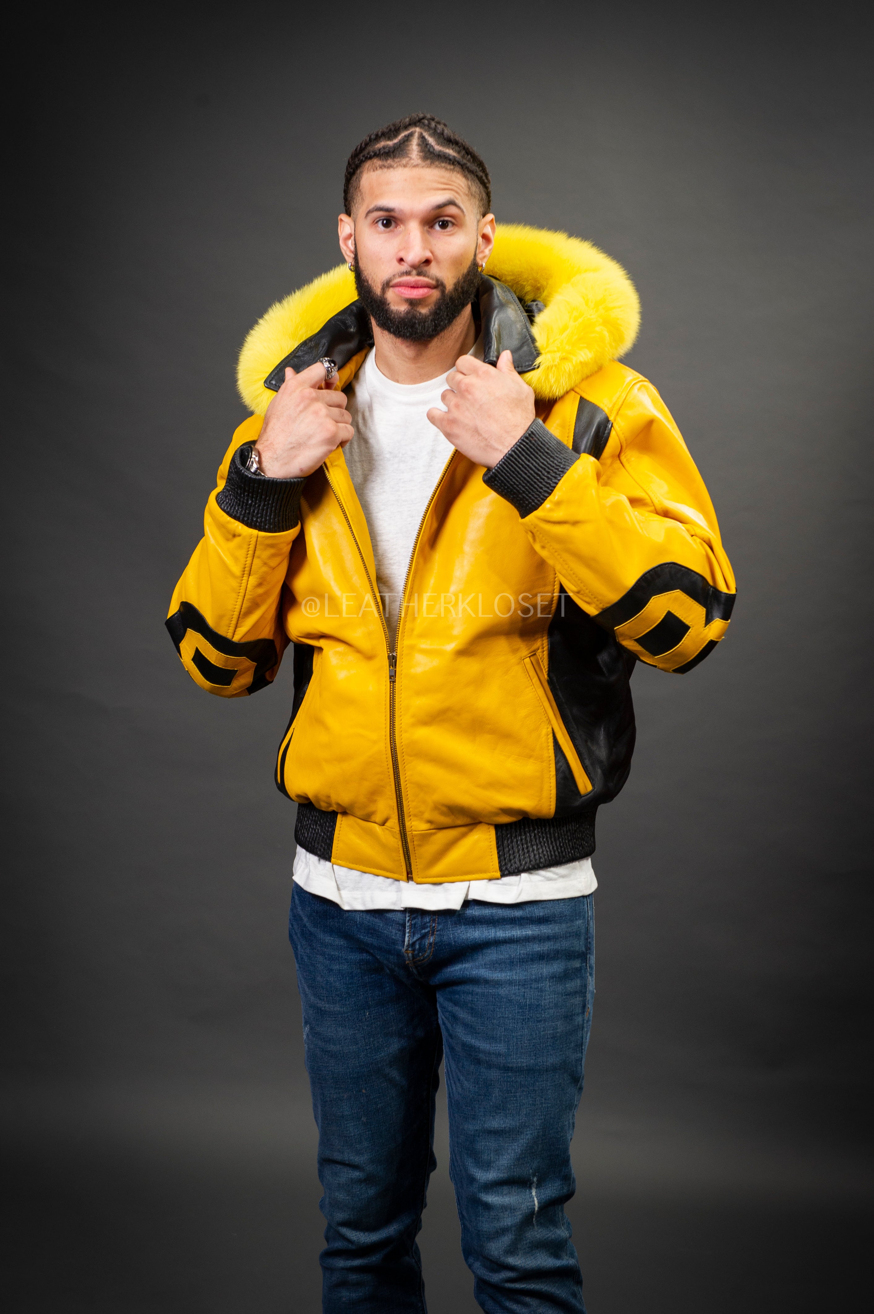 Men's 8 Ball Leather Jacket With Fox Hood [Black/Yellow