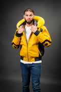 Men's 8 Ball Leather Jacket With Fox Hood [Black/Yellow]