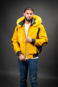 Men's 8 Ball Leather Jacket With Fox Hood [Black/Yellow]