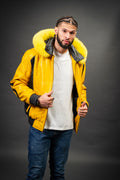 Men's 8 Ball Leather Jacket With Fox Hood [Black/Yellow]