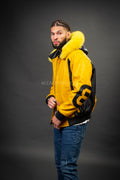 Men's 8 Ball Leather Jacket With Fox Hood [Black/Yellow]