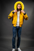 Men's 8 Ball Leather Jacket With Fox Hood [Black/Yellow]