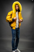 Men's 8 Ball Leather Jacket With Fox Hood [Black/Yellow]