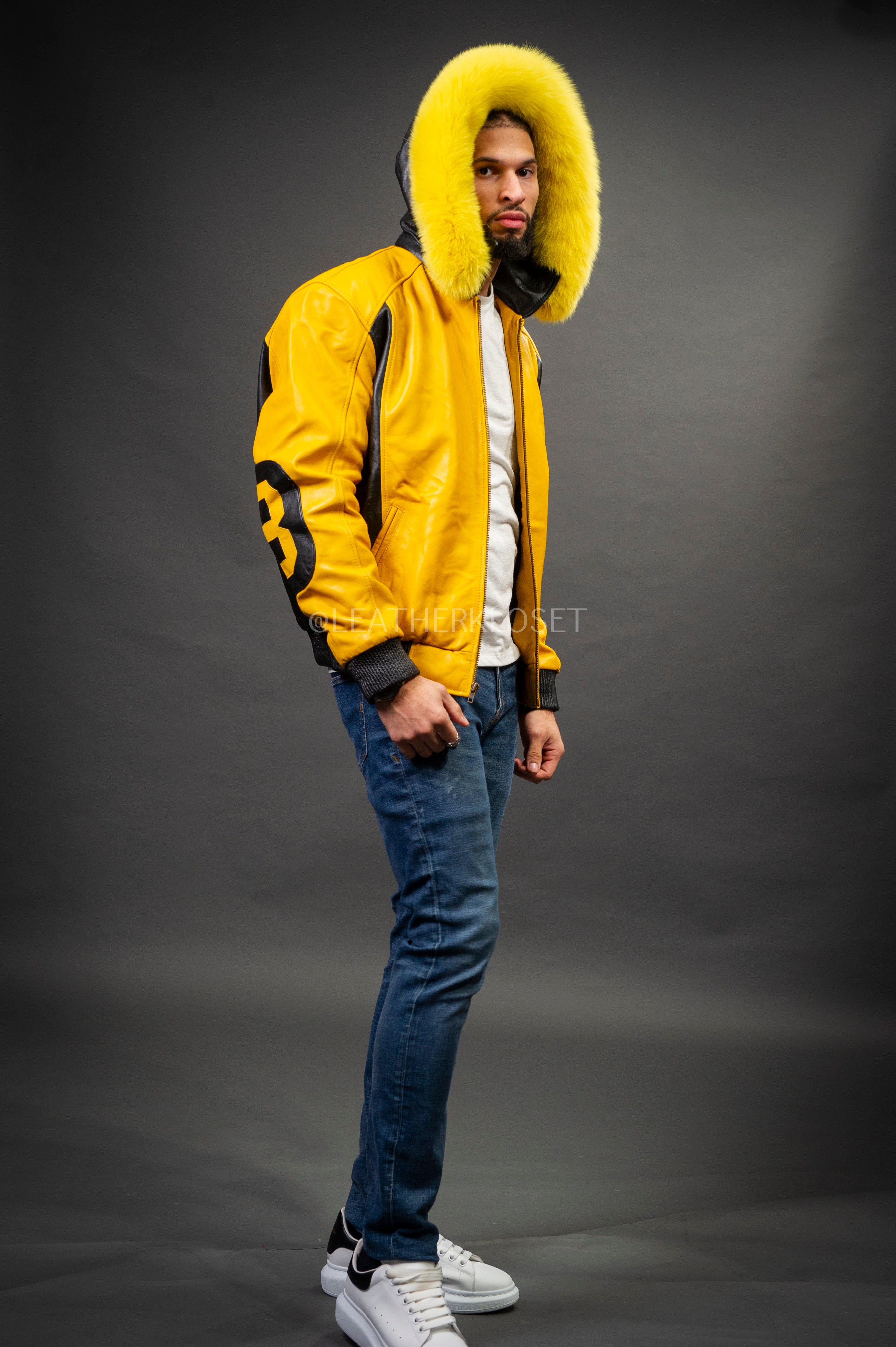 ジャケット・アウター i hate eight LROCK ME Men's 8 Ball Leather Jacket With Fox Hood [Black/Yellow