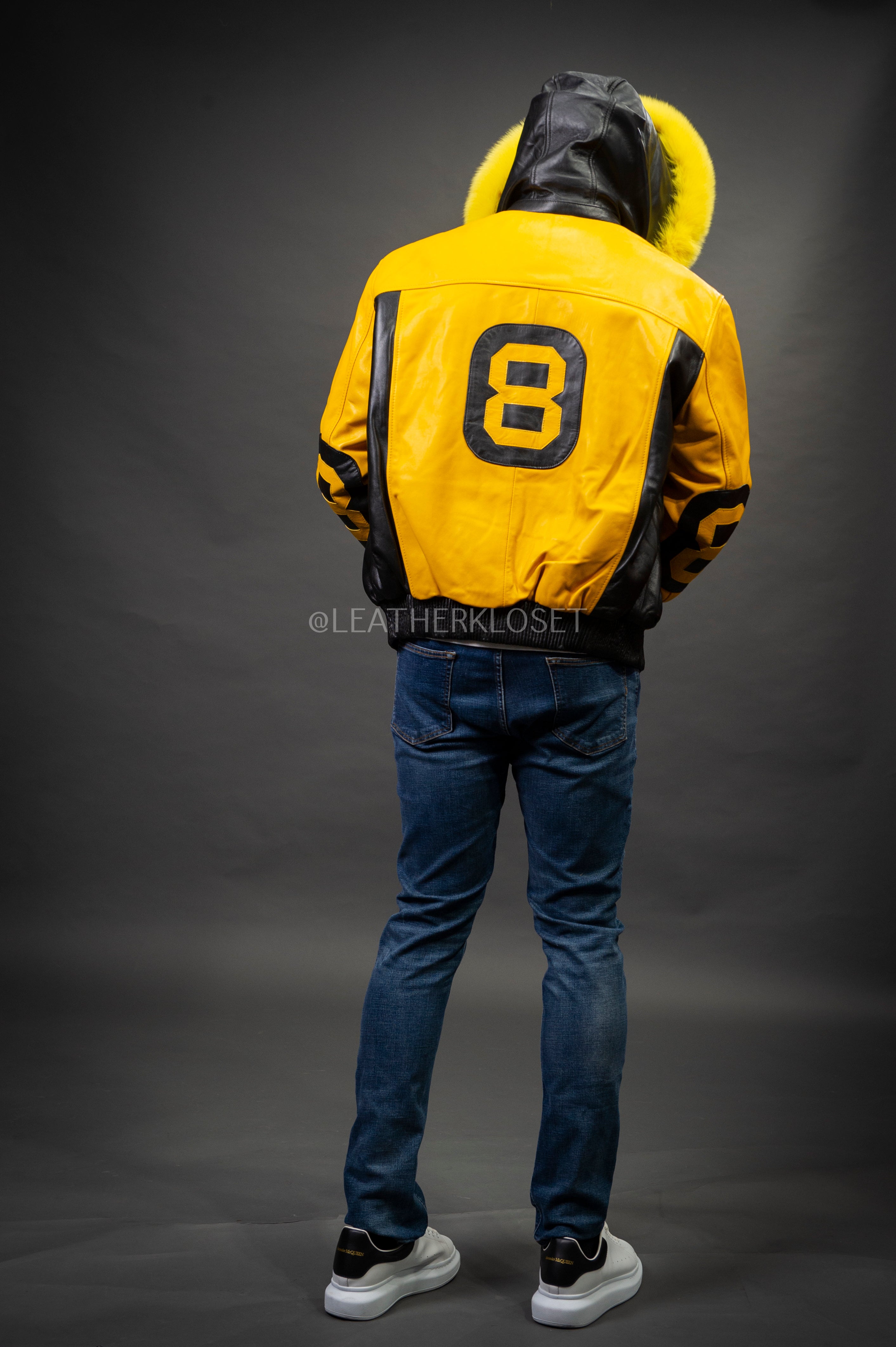 Men's 8 Ball Leather Jacket With Fox Hood [Black/Yellow