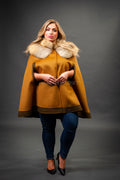 Women's Cashmere Poncho Coat With Fox Trimming [Cinnamon]