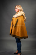 Women's Cashmere Poncho Coat With Fox Trimming [Cinnamon]