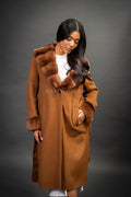 Women's Cashmere Trench Coat With Rex Trimming [Brown]