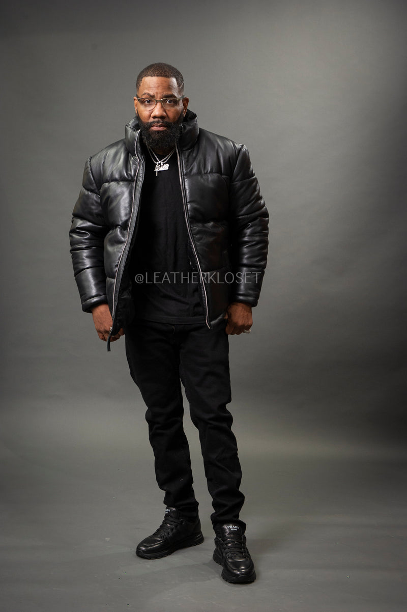 Men’s Alpine Leather Bubble Bomber Jacket [Black]