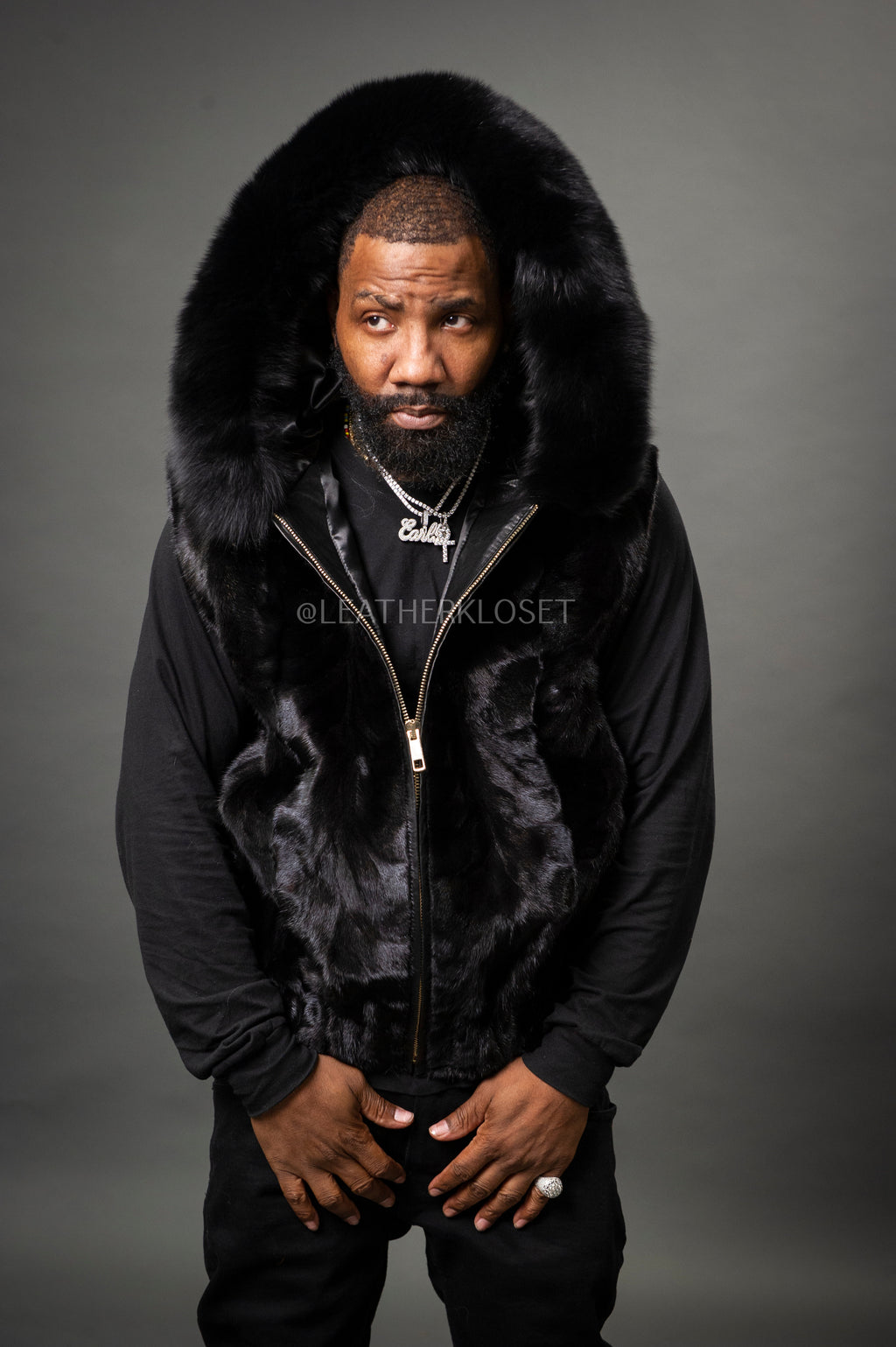 Men's Mink Bomber Vest With Fox Hood [Black]