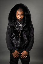 Men's Mink Bomber Vest With Fox Hood [Black]