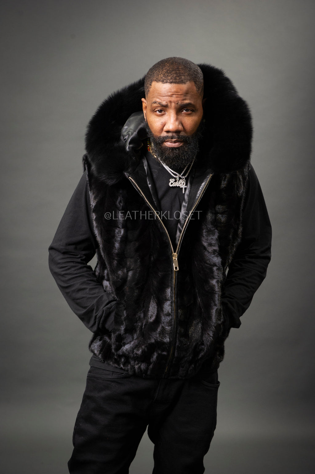 Men's Mink Bomber Vest With Fox Hood [Black]